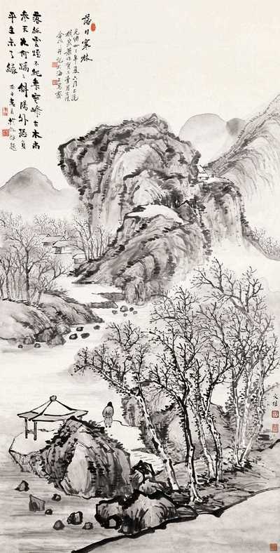萧俊贤 李文珪 光绪三十三年（1907年）作 落日寒林 立轴
